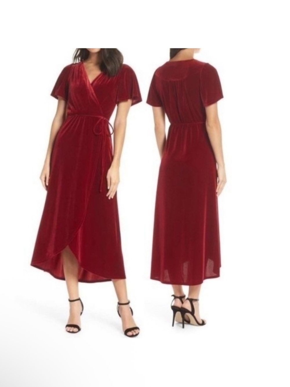 Chelsea28 Red Velvet Wrap Midi Dress